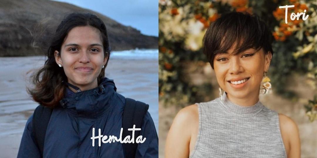 Image shows Hemlata Pant, a young woman with Nepalese heritage standing on a beach wearing a dark blue rain coat, and Tori Tsui, a young woman with Chinese/New Zealand heritage standing under a tree