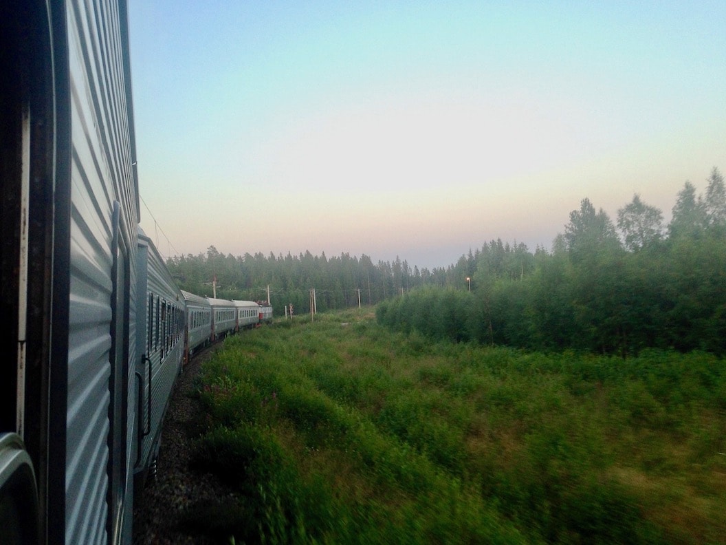 Picture shows a photo taken from outside the window of a moving train. The train is curling round a corner and is surrounded by greenery and pine trees. 