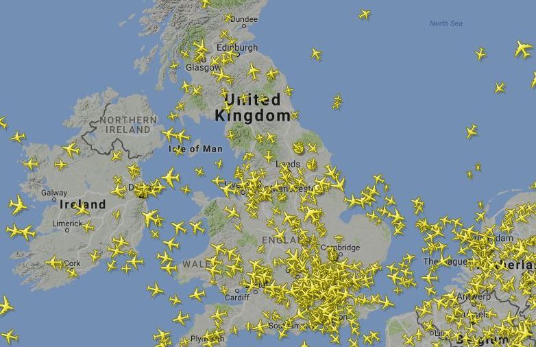 Flight radar image showing flights across UK