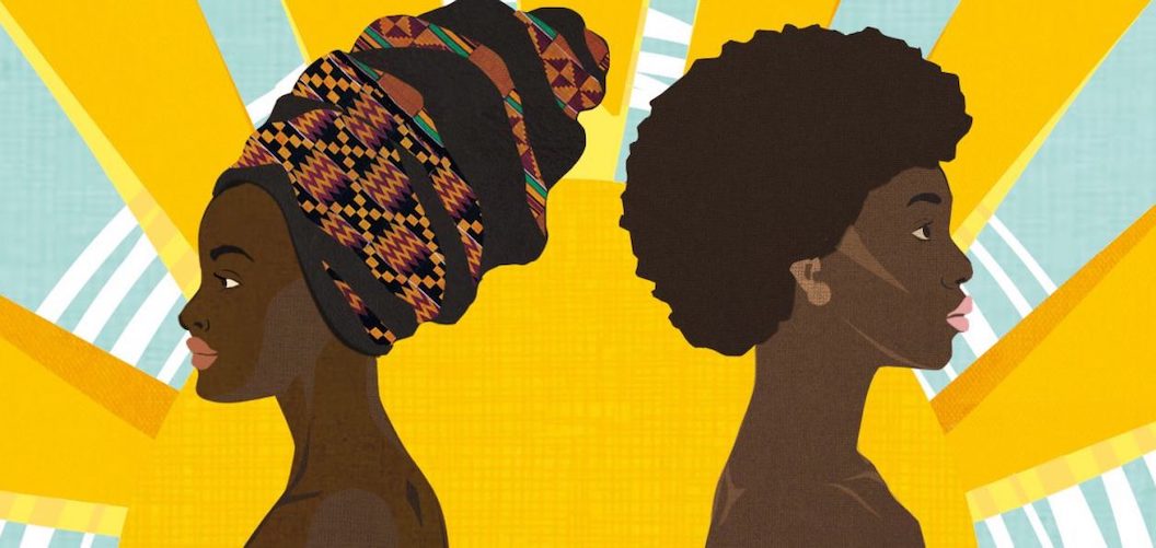 Picture shows a piece of artwork depicting two Nigerian sisters facing away from eachother. One is wearing a headscarf, the other wears her natural hair out. The background is half of a bright yellow sun.  