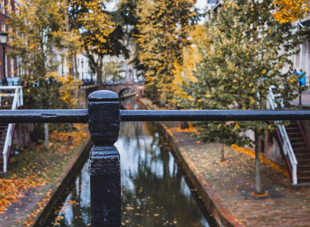 Image shows a black railing in front of a low-level canal in Utrecht