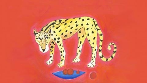 Picture shows a paining of a leopard with a bright red background. Underneath the leopard is a blue dish with red fruit in it. One piece of fruit has rolled out of the dish. 